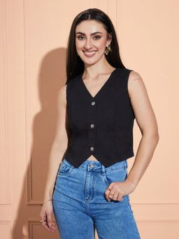 Miss Chase - Womens Black V Neck Sleeveless Solid Waist Coat