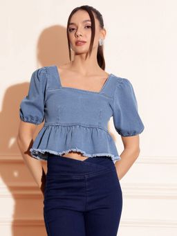 Miss Chase - Women's Light Blue Square-Neck Puff-Sleeve Peplum-Styled Denim Cropped Top