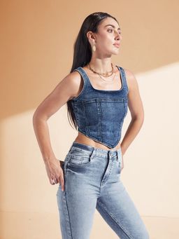 Miss Chase - Womens Navy Blue Sleeveless Zipper Corset Denim Crop Top