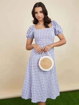 Styli - Lavender Short Puff Sleeves Square Neck Gingham Checked Midi Dress