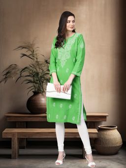 ADA - Green Lucknowi Chikankari Cotton Kurta (XS) (A100350)