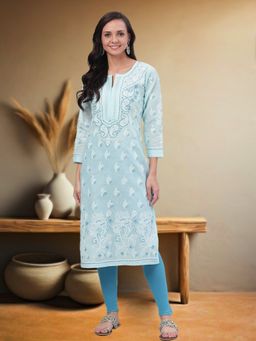ADA - Embroidered Light Blue Cotton Lucknow Chikankari Kurta (XS) (A227196)