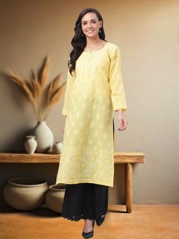 ADA - Hand Embroidered Yellow Cotton Lucknow Chikan Kurta (XS) (A229829)