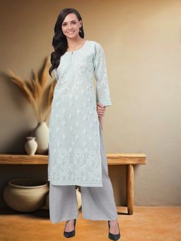 ADA - Hand Embroidered Grey Cotton Lucknow Chikan Kurta (XS) (A230001)
