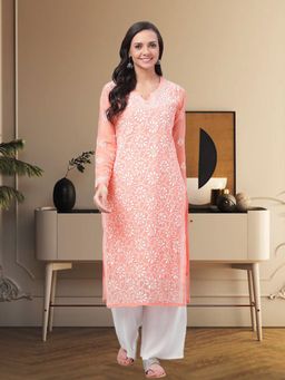 ADA - Hand Embroidered Peach Georgette Lucknow Chikan Kurta with Slip (Set of 2) [A90328]
