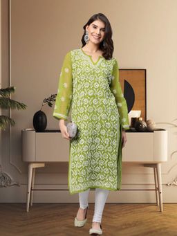 ADA - Embroidered Green Georgette Lucknow Chikan Kurta With Slip (Set of 2) (XS) (A90406)