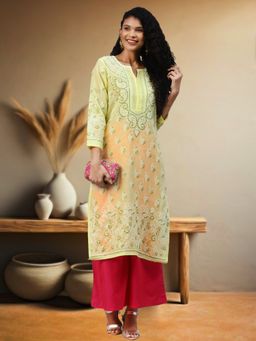 ADA - Hand Embroidered Lemon Cotton Lucknow Chikankari Kurta [A221005]