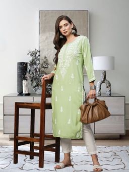 ADA - Hand Embroidered Lucknowi Chikankari Ethnic Motifs Pista Green Rayon Kurta