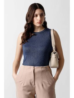 Van Heusen - Women Navy Blue Textured Party Round Neck Top