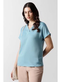 Van Heusen - Women Light Blue Solid Formal V Neck Top