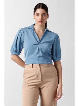 Van Heusen - Women Light Blue Solid Formal Stylized Neck Top