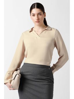 Van Heusen - Women Beige Solid Formal Stylized Neck Top