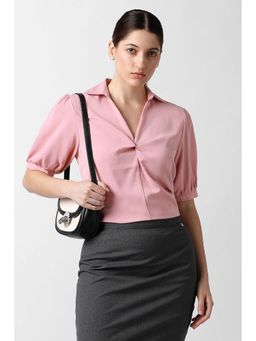 Van Heusen - Women Pink Solid Formal Stylized Neck Top