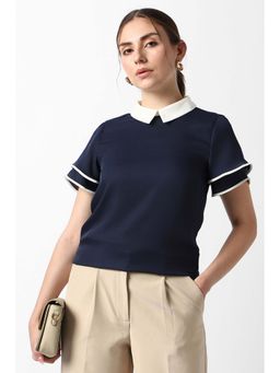 Van Heusen - Women Navy Blue Solid Formal Stylized Neck Top