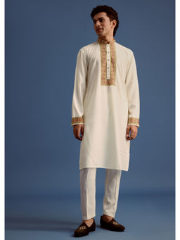 KALKI FASHION - White Block Printed Zari Embroidery Kurta with Pant