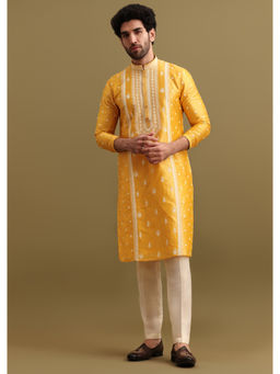 KALKI FASHION - Yellow Resham Work Silk Kurta with Pant