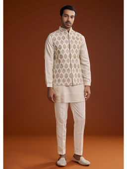 KALKI FASHION - Off White Linen Silk Embroidered Kurta Jacket with Pant
