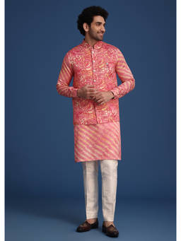 KALKI FASHION - Pink Printed Silk Kurta Jacket with Pant