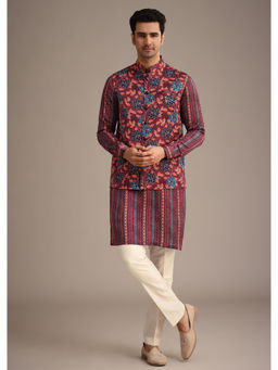 KALKI FASHION - Maroon Silk Floral Printed Kurta Jacket with Pant