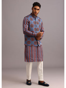 KALKI FASHION - Blue Floral & Stripe Print Kurta Jacket with Pant