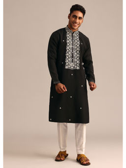 KALKI FASHION - Black Silk Embroidered Floral Motifs Kurta with Pant