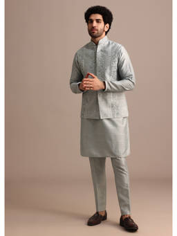 KALKI FASHION - Grey Cotton Silk Resham And Mirror Work Kurta Jacket with Pant