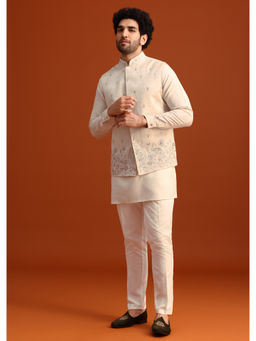 KALKI FASHION - Beige Linen Silk Aari Work Kurta Jacket with Pant