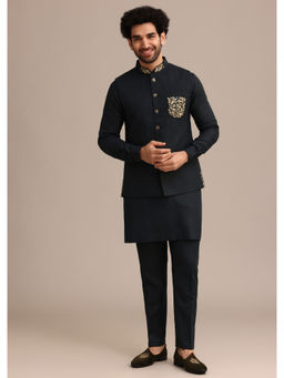 KALKI FASHION - Navy Blue Linen Embroidered Jacket Kurta with Pant