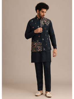 KALKI FASHION - Navy Blue Embroidered Motifs Kurta Jacket with Pant