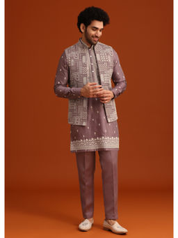 KALKI FASHION - Purple Linen Satin Embroidered Kurta Jacket with Pant