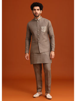 KALKI FASHION - Grey Linen Zardozi Embroidered Kurta Jacket with Pant