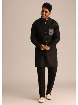 KALKI FASHION - Black Linen Floral Resham Work Kurta Jacket with Pant