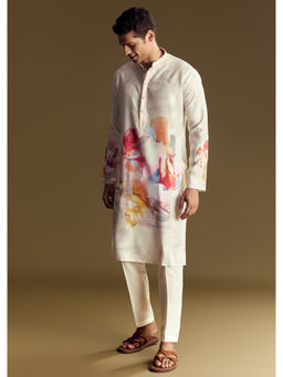 KALKI FASHION - Cream Linen Artistic Print Kurta with Pant