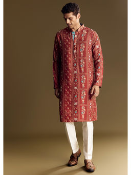 KALKI FASHION - Red Silk Resham & Sequin Work Kurta with Pant