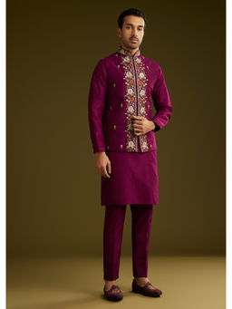 KALKI FASHION - Wine Cotton Silk Embroidered Kurta Jacket with Pant