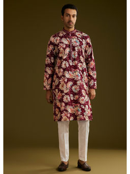 KALKI FASHION - Wine Silk Floral Stone Work Kurta with Pant