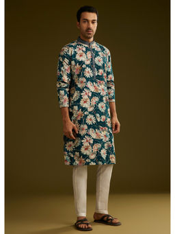 KALKI FASHION - Teal Silk Floral Stone Work Kurta with Pant