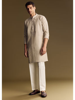 KALKI FASHION - Beige Thread And Sequin Accents Linen Kurta with Pant