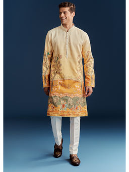 KALKI FASHION - Yellow Animal Print Motifs Silk Kurta with Pant