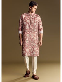 KALKI FASHION - Pink Linen Floral Print And Kantha Work Kurta with Pant