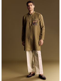 KALKI FASHION - Green Linen Hand Embroidered Detailing Kurta with Pant