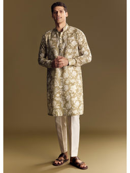 KALKI FASHION - Green Linen Kantha Thread Work Kurta with Pant