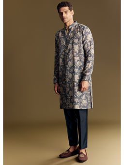 KALKI FASHION - Navy Blue Linen Intricate Kantha Stitching Kurta with Pant