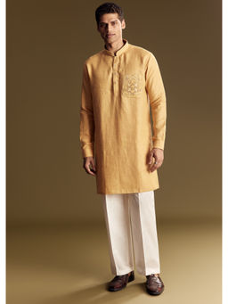 KALKI FASHION - Yellow Linen Embroidered Thread Kurta with Pant