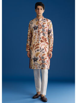 KALKI FASHION - Beige Silk Floral Resham Thread Work Kurta with Pant