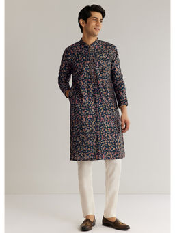 KALKI FASHION - Navy Blue Silk Floral Cutdana Work Printed Kurta with Pant