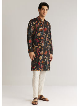 KALKI FASHION - Black Silk Floral Printed Kurta with Pant