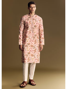 KALKI FASHION - Peach Silk Floral Foil Accents Detailing Kurta with Pant