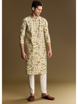 KALKI FASHION - Beige Silk Foil Enhanced Floral Print Kurta with Pant