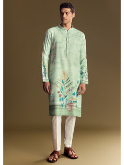 KALKI FASHION - Green Linen Floral Print Kurta with Pant